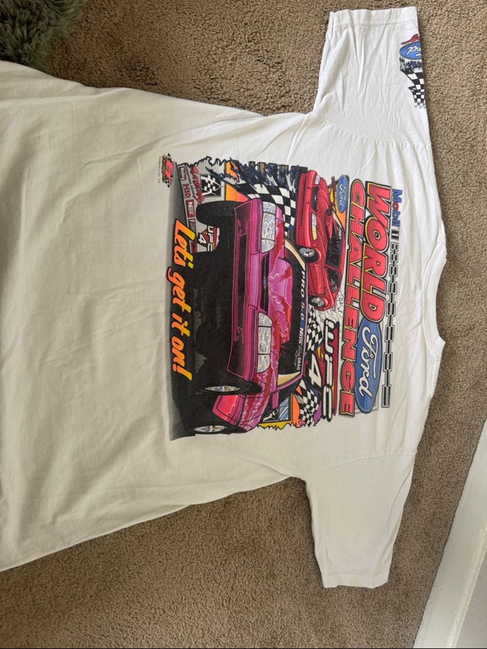 Ford White Tee with Pink Race Car and Racing Graphics